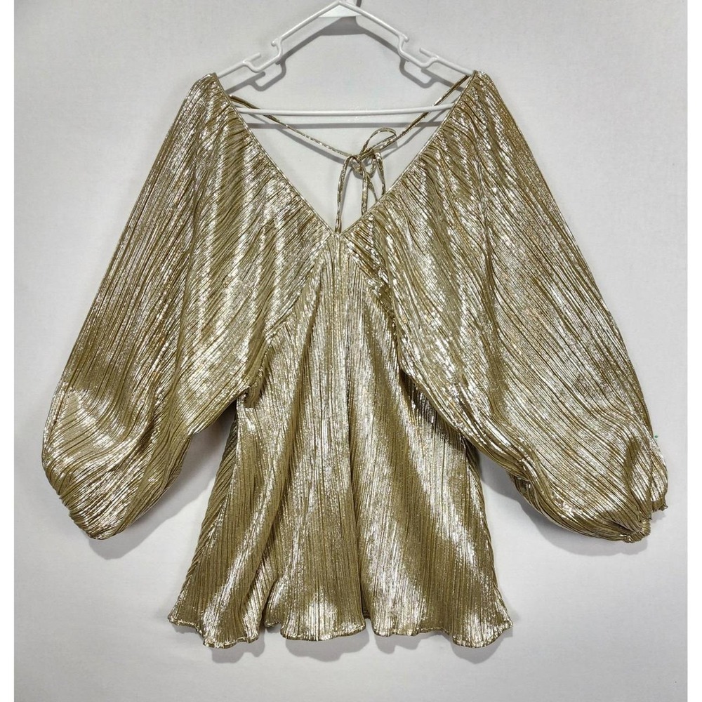 Nasty Gal Women's Size 8 Gold Metallic Pleated Blouse Balloon Sleeve Tie Back